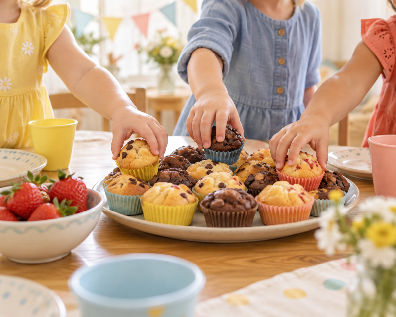 Kinder greifen bei einer Geburtstagsfeier nach kleinen Schoko- und Vanillemuffins in bunten Förmchen.