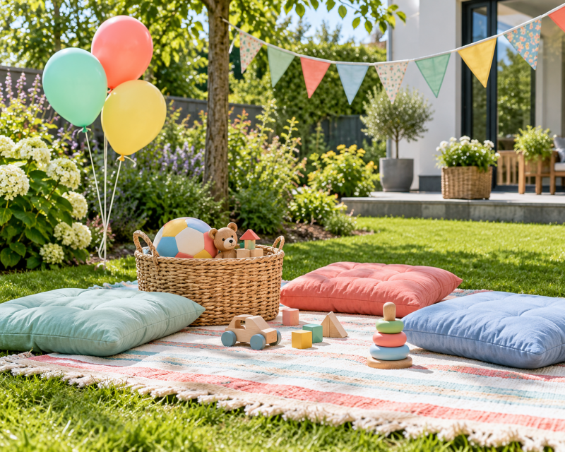 Gemütliche Spielecke im Garten mit Decke, bunten Kissen, Spielzeug, Luftballons und Wimpelkette für einen Kindergeburtstag.