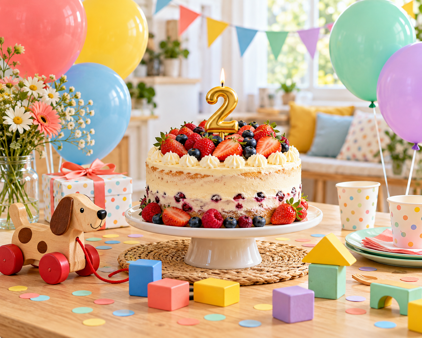 Bunter Geburtstagstisch mit Beerentorte, Zahl-2-Kerze, Ballons, Holz-Hund, Bausteinen und Geschenk.