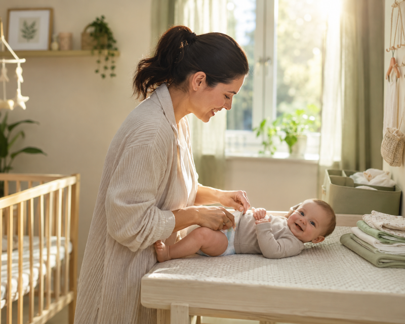 Mutter wickelt ihr lächelndes Baby morgens nach dem Aufwachen