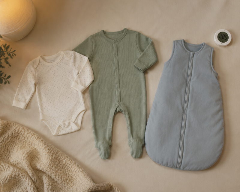 Body, Schlafanzug und Babyschlafsack als mögliche Schlafkleidung bei ungefähr 20 Grad Raumtemperatur.
