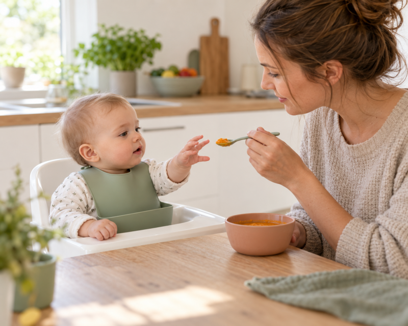 Mama bietet ihrem Baby beim entspannten Beikoststart geduldig einen Löffel Gemüsebrei an.