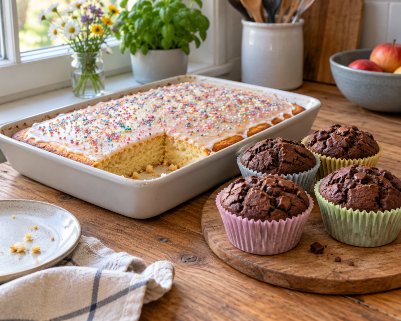 Selbstgebackener Kindergeburtstagskuchen mit bunten Streuseln und Schoko-Muffins auf einem Holztisch in einer hellen Küche.