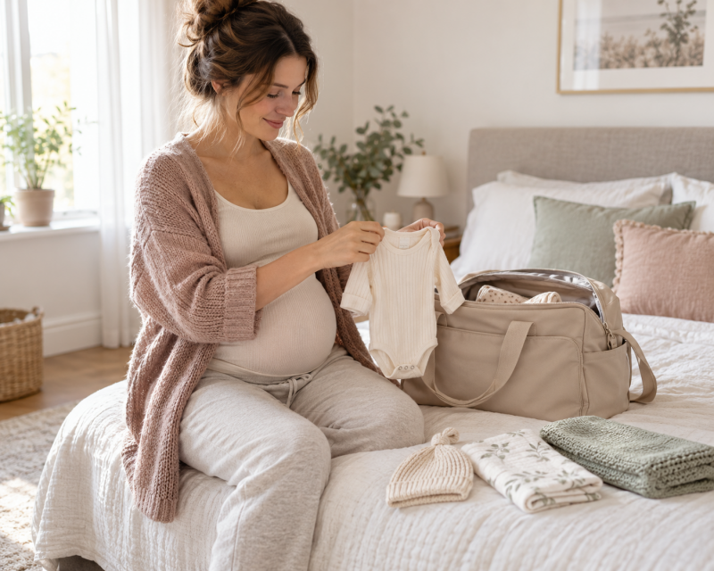 „Schwangere Mama packt eine Kliniktasche und bereitet erste Babykleidung vor