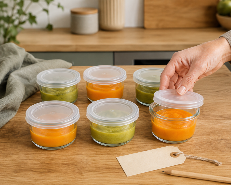 Selbst gemachter Babybrei in kleinen Portionen zum Aufbewahren und Einfrieren
