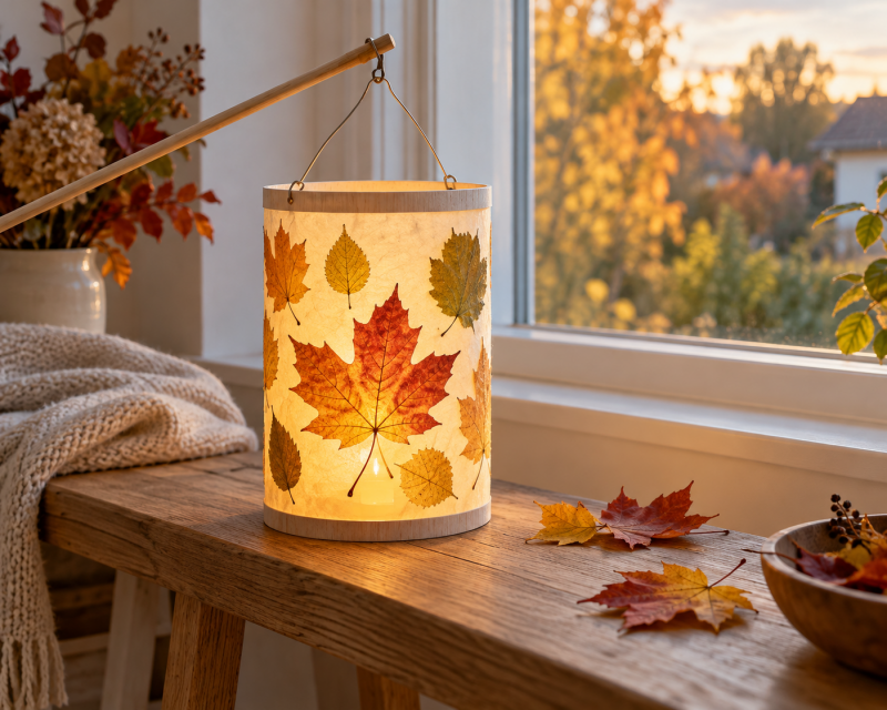 Selbst gebastelte Herbstlaterne mit gepressten Blättern und warmem LED-Licht