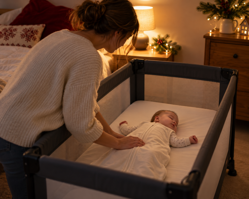Mutter begleitet ihr Baby bei der Schlafroutine in einem Reisebett während eines weihnachtlichen Familienbesuchs.