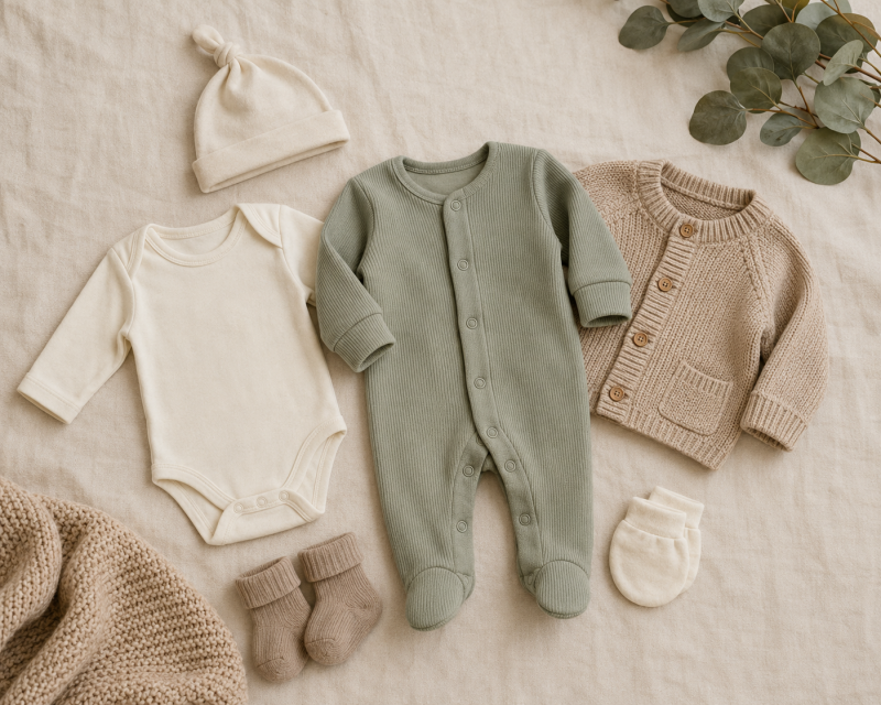 Mutter bei einem Winterspaziergang mit warm eingepacktem Baby im Kinderwagen