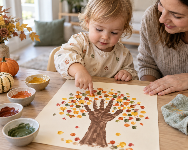 Kleinkind gestaltet Herbstbaum aus Hand- und Fingerabdrücken