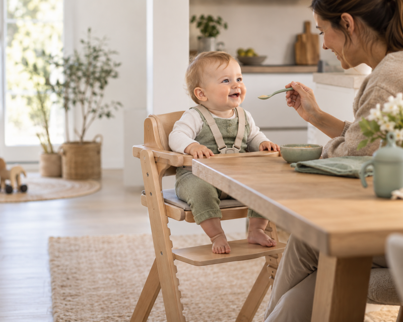 Baby sitzt sicher in einem mitwachsenden Hochstuhl am Esstisch und wird von seiner Mutter gefüttert.