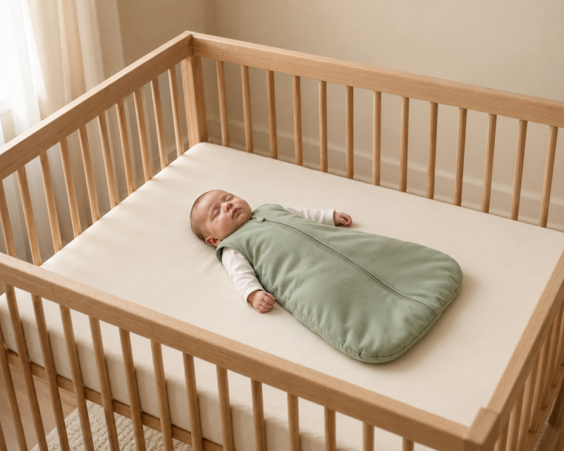 Baby schläft auf dem Rücken in einem passenden Winterschlafsack in einem leeren Babybett