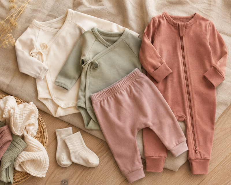 Praktische Babykleidung aus weichen Stoffen mit Wickelbodys, Strampler, Hose und Söckchen
