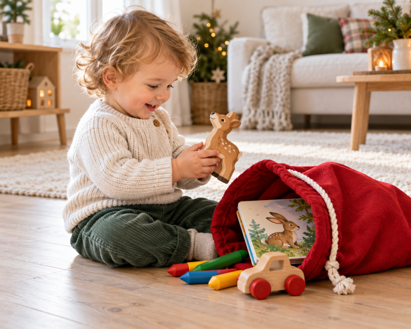Kleinkind freut sich über einen roten Nikolaussack mit Holzrehen, Bilderbuch, Wachsmalstiften und kleinem Holzauto.