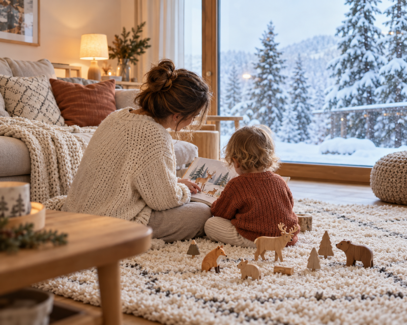 Mutter und Kleinkind schauen in einer gemütlichen Ferienwohnung ein Bilderbuch an, während draußen Schnee fällt.