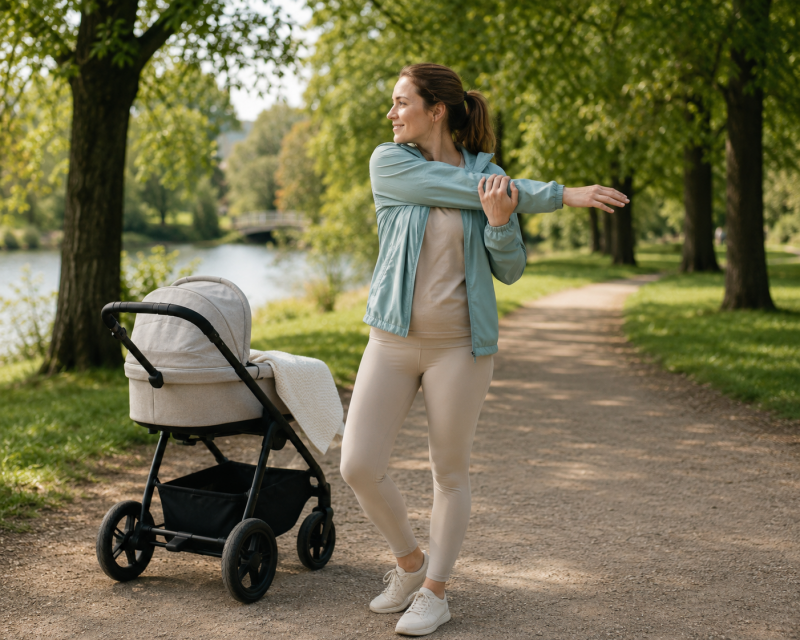 Mama bewegt und dehnt sich sanft bei einem Spaziergang mit dem Kinderwagen