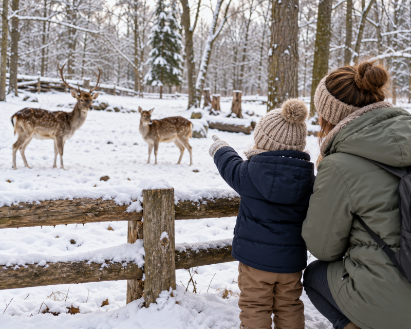 Mutter und Kleinkind beobachten Rehe in einem verschneiten Wildgehege.