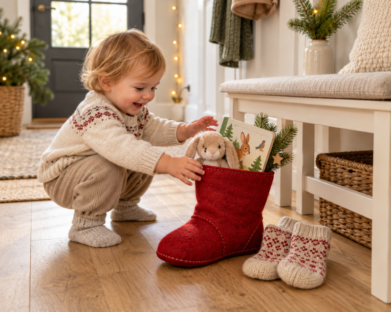 Kleinkind entdeckt einen roten Nikolausstiefel mit Bilderbuch, Kuscheltier und warmen Socken im hellen Flur.