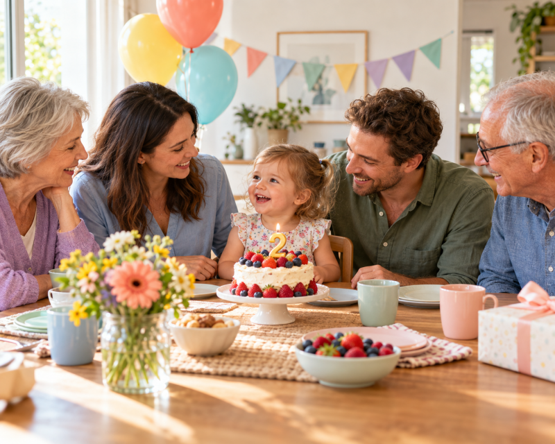 Kleine Familienfeier zum zweiten Geburtstag mit Kind, Eltern und Großeltern an einem bunt dekorierten Tisch mit Geburtstagstorte.