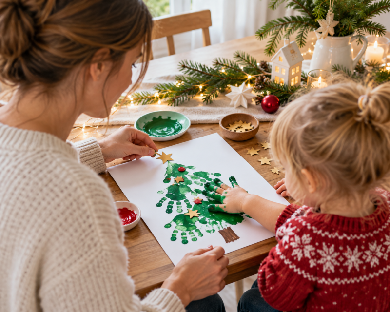 Mutter und kleines Kind basteln gemeinsam einen Weihnachtsbaum aus grünen Handabdrücken am festlich dekorierten Tisch.