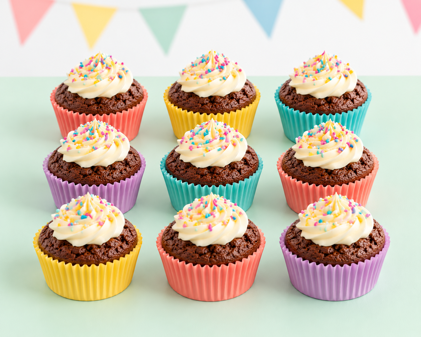 Selbstgemachte Schoko-Muffins mit hellem Frosting und bunten Streuseln für einen Kindergeburtstag.