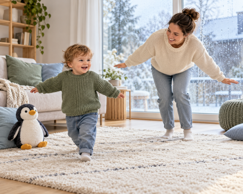 Kleinkind und Mutter machen an einem Wintertag im Wohnzimmer gemeinsam Pinguin Bewegungen nach.