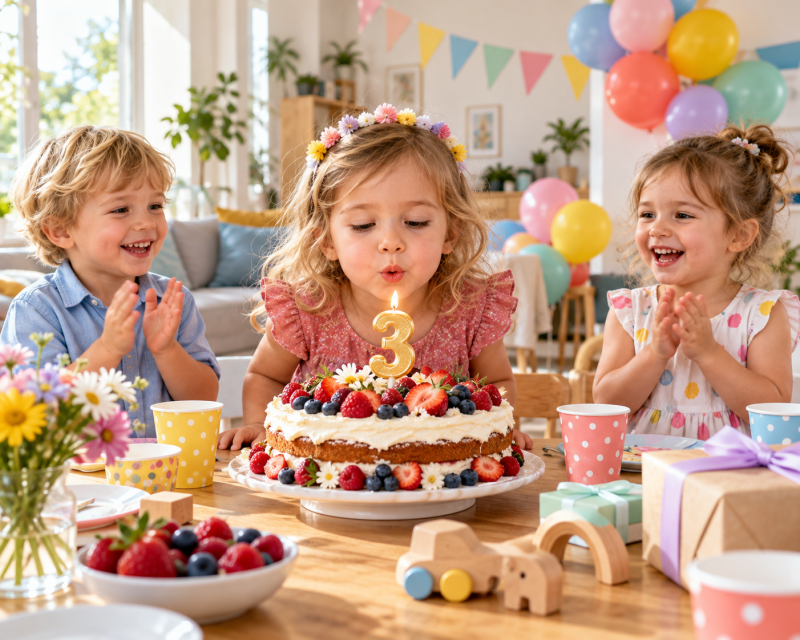 Dreijähriges Kind pustet auf einer kleinen Kinderparty die Zahlenkerze 3 auf einer Beerentorte aus, während zwei Kinder daneben klatschen.“