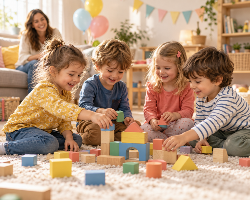 Vier kleine Kinder spielen bei einer entspannten Kindergeburtstagsfeier gemeinsam mit bunten Holzbausteinen.