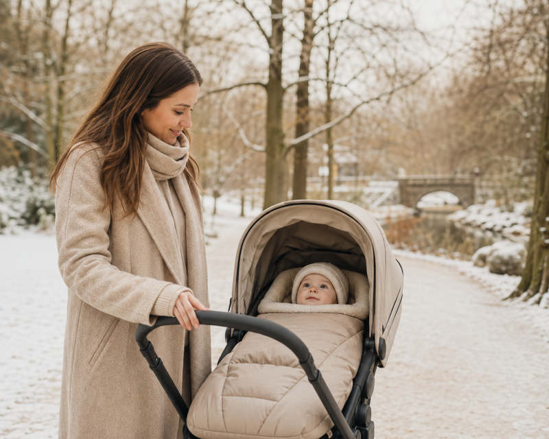Mutter bei einem Winterspaziergang mit warm eingepacktem Baby im Kinderwagen