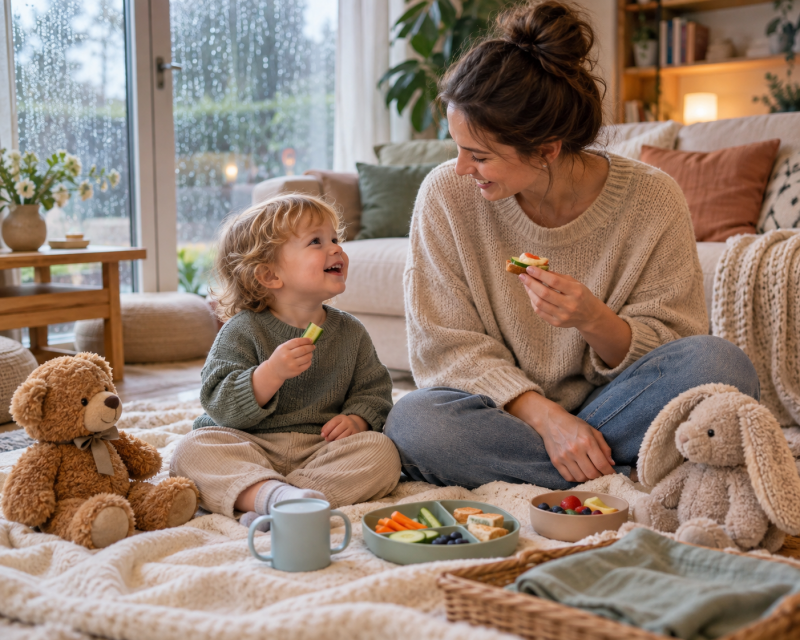Mutter und Kleinkind machen an einem Regentag ein Picknick im Wohnzimmer