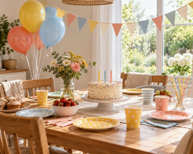 Liebevoll gedeckter Tisch für einen entspannten Kindergeburtstag mit Kuchen, Luftballons, Wimpelkette und buntem Geschirr.