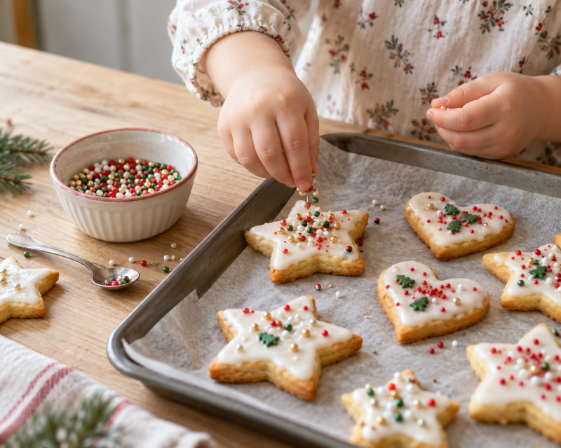 Kleinkind verziert selbst gebackene Weihnachtsplätzchen mit weißem Zuckerguss und bunten Zuckerperlen.