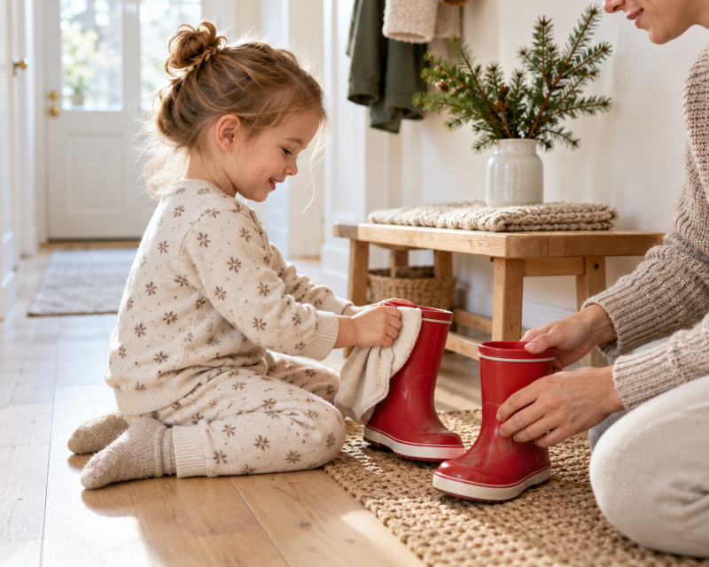 Kleinkind putzt zusammen mit einem Elternteil rote Gummistiefel als Nikolausritual im hellen Flur.