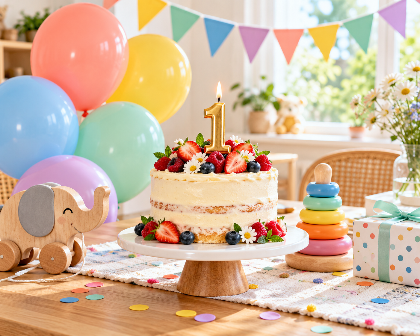 Bunter Geburtstagstisch mit Beerentorte, Zahl-1-Kerze, Ballons, Holz-Elefant, Stapelturm und Geschenk