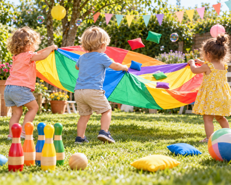 Drei Kleinkinder spielen bei einer bunten Gartenparty mit einem Regenbogen-Schwungtuch, Bowlingpins, Bällen und Seifenblasen.