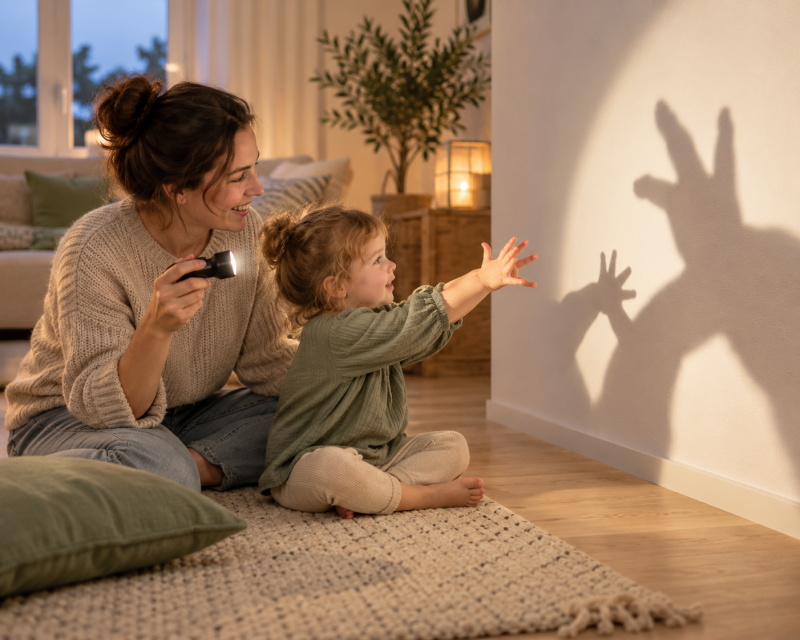 Mutter und Kleinkind entdecken gemeinsam Hand-Schatten an einer hellen Wohnzimmerwand.