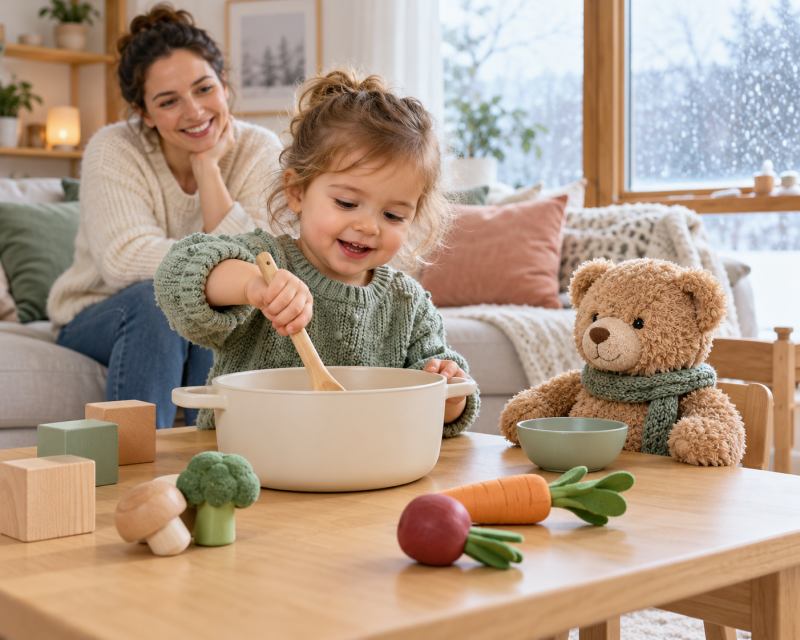 Kleinkind kocht für seinen Teddybären eine Kuscheltier Suppe mit Holzlöffel und großen Spiellebensmitteln
