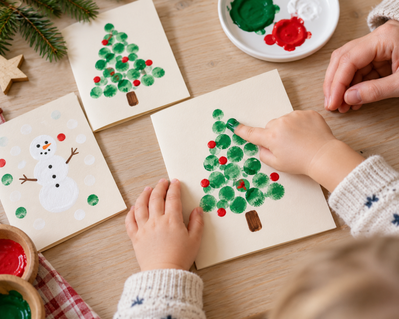 Kind gestaltet Weihnachtskarten mit grünen Fingerabdruck Tannenbäumen und kleinen roten Weihnachtskugeln.