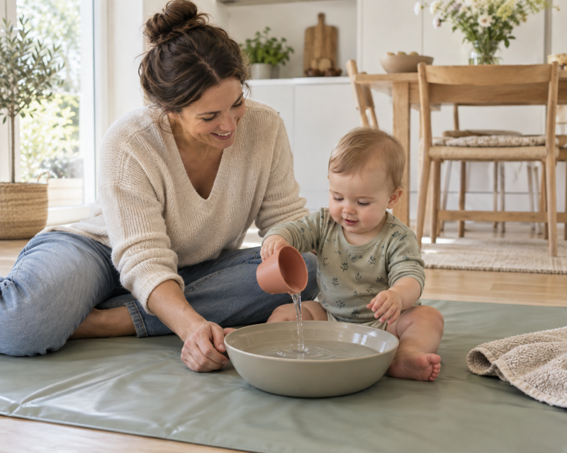 Beaufsichtigtes Wasserspiel als sensorische Beschäftigung fürs Baby