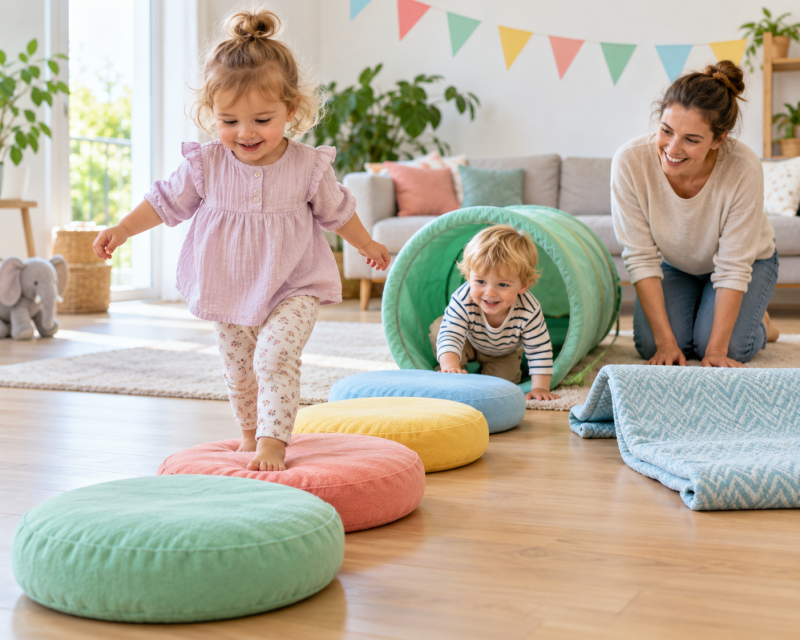 Kleine Kinder spielen bei einem Kindergeburtstag auf einem einfachen Kissenparcours mit Tunnel im Wohnzimmer.