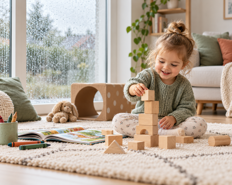 Kleinkind baut an einem Regentag im Wohnzimmer mit Holzbausteinen auf einem Teppich