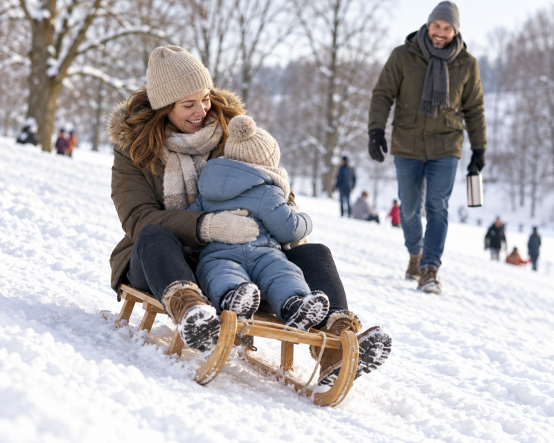 Mutter fährt gemeinsam mit einem warm eingepackten Kleinkind auf einem Holzschlitten durch den Schnee.