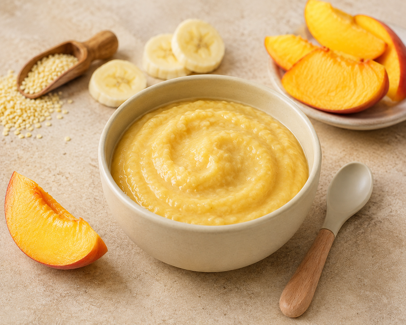 Bananen-Pfirsich-Brei mit Hirseflocken als fruchtige Nachmittagsmahlzeit für Babys