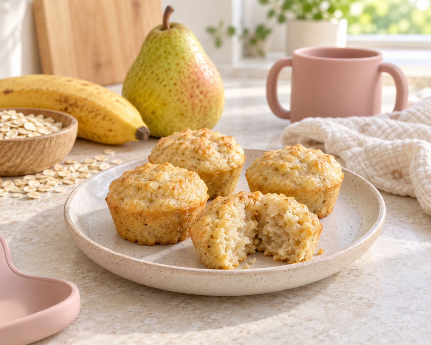 Weiche Birnen-Bananen-Mini-Muffins ohne zugesetzten Zucker für Babys