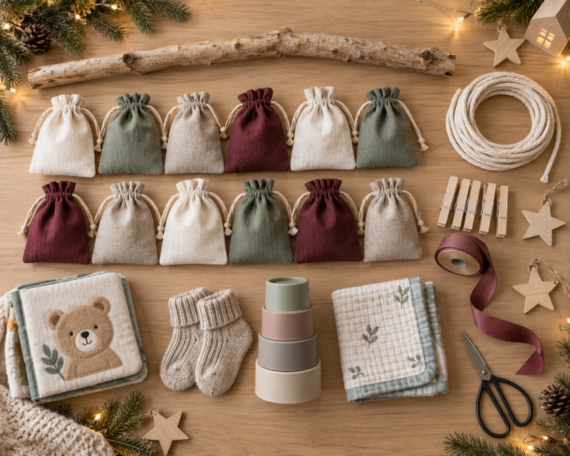 Materialien für einen selbst gemachten Baby-Adventskalender mit Stoffbeuteln, Holzast, Kordel, Klammern und kleinen Geschenkideen.