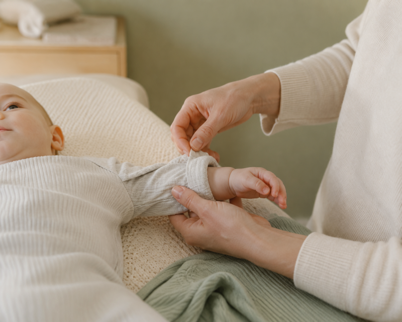 Mutter zieht den gerafften Ärmel vorsichtig über den Arm ihres Babys