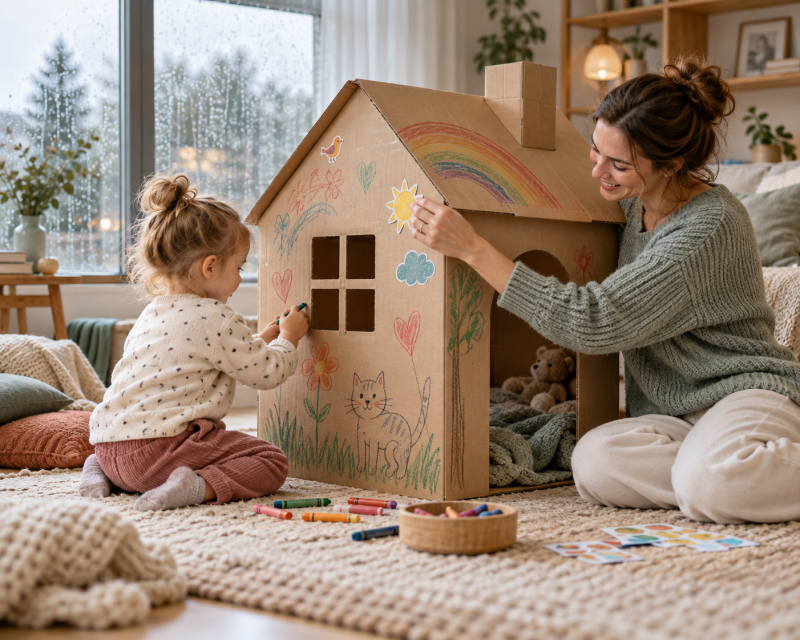 Mutter und Kleinkind gestalten gemeinsam ein Spielhaus aus Karton
