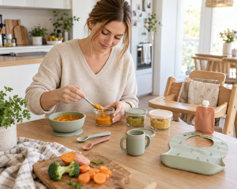 Mutter bereitet Babybrei mit praktischen Beikostprodukten und Vorratsbehältern in der Küche vor