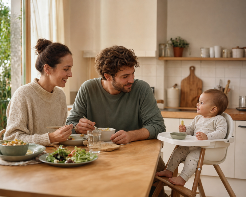 Eltern sitzen gemeinsam mit ihrem Baby bei einer entspannten Familienmahlzeit am Tisch