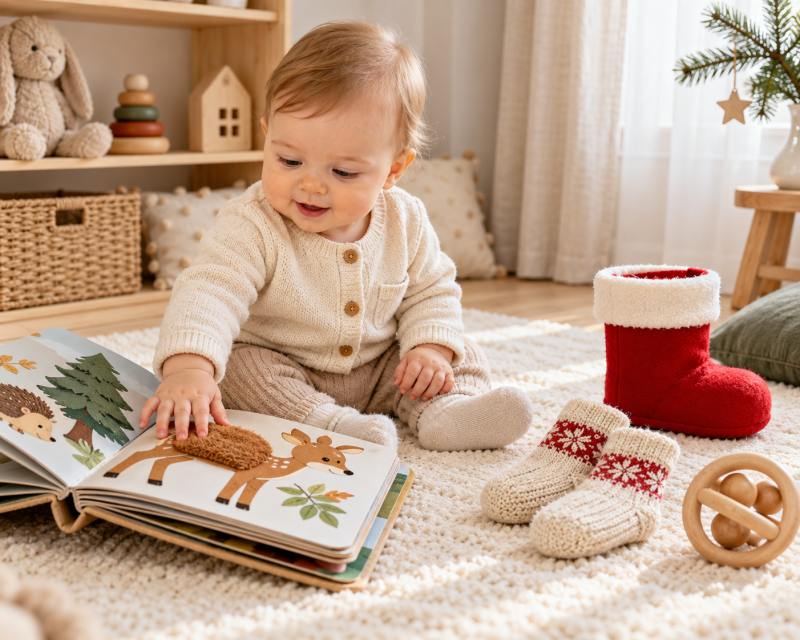 Baby sitzt auf einer weichen Spielmatte und entdeckt ein Fühlbuch, einen Greifling, Babysocken und einen roten Nikolausstiefel.