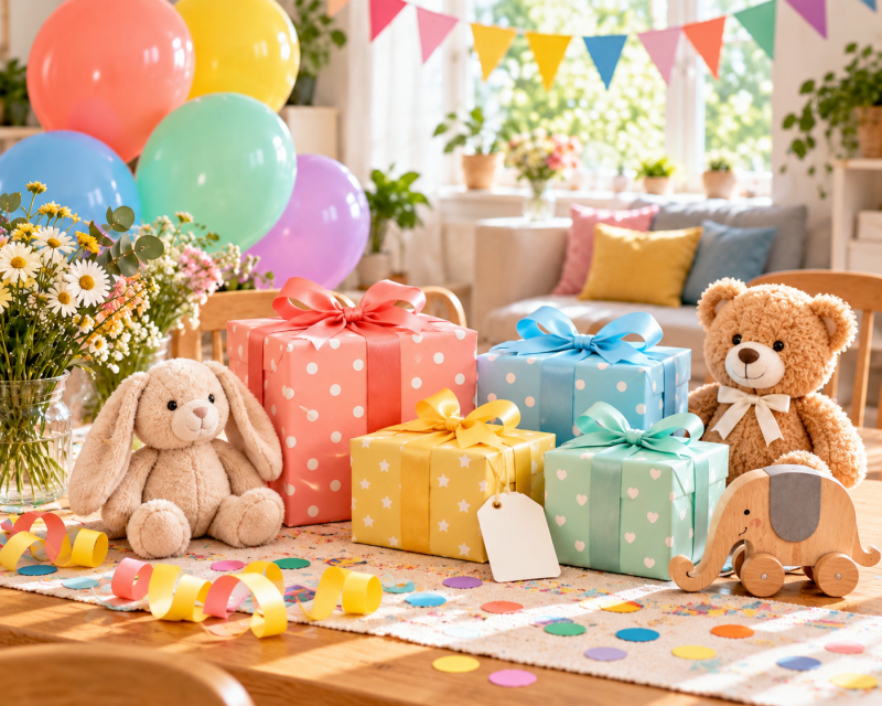 Bunte Geschenkekulisse zum Kindergeburtstag mit verpackten Geschenken, Kuscheltieren, Holzelefant, Ballons und Wimpelkette.